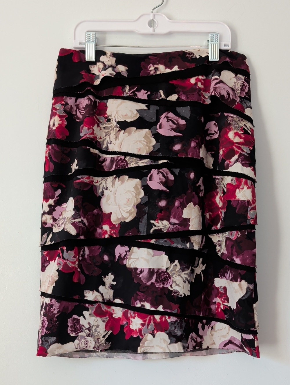 Floral Tiered Black & Burgundy Midi Skirt